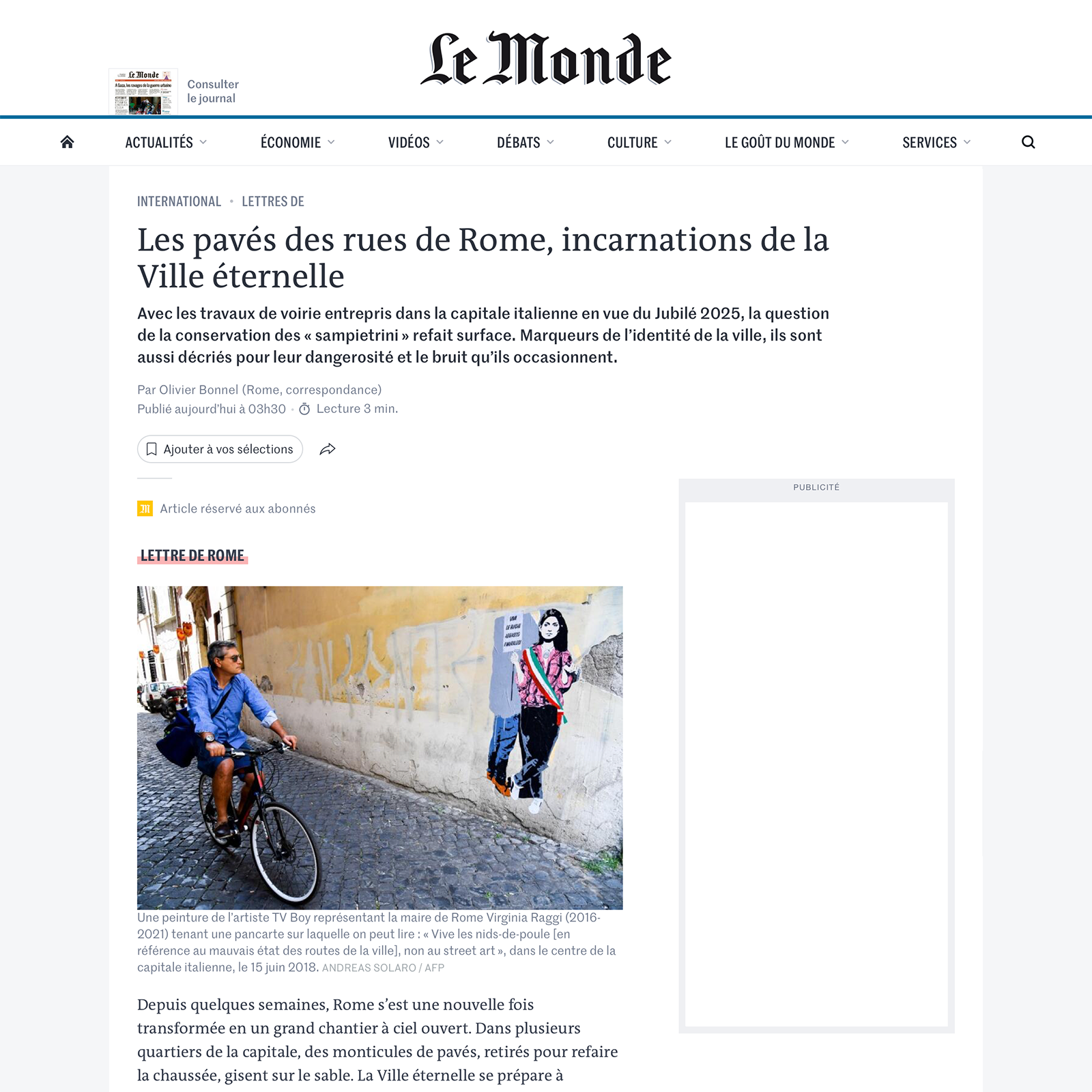 Les pavés des rues de Rome, incarnations de la Ville éternelle, Le Monde 30 ottobre 2023